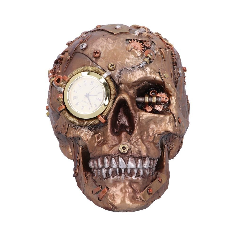 Front view of steampunk skull with clock detail