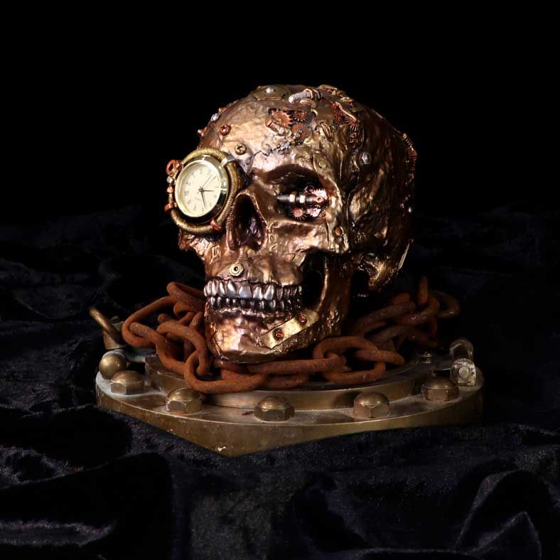 Scrapped Steampunk Skull displayed with industrial décor