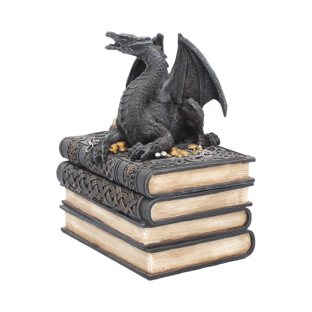 Side view of gothic dragon perched on a stack of books