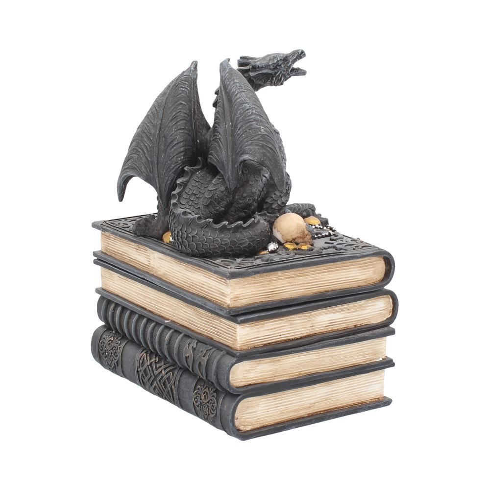 Side view of dragon figurine with detailed wings and books