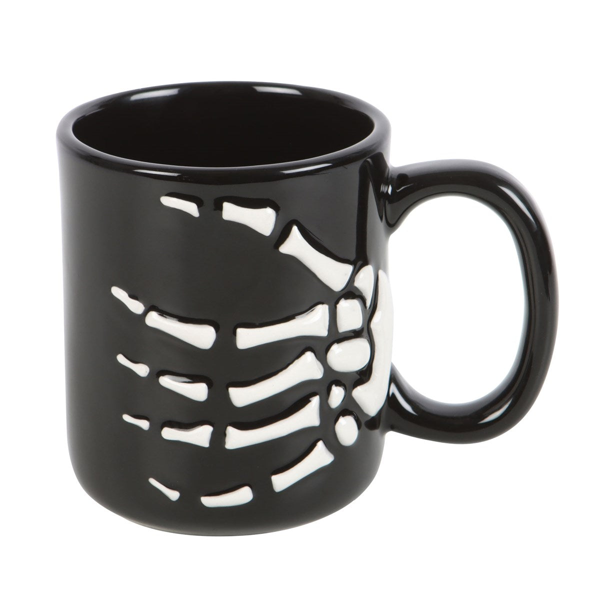Gothic mug with white skeleton hand design