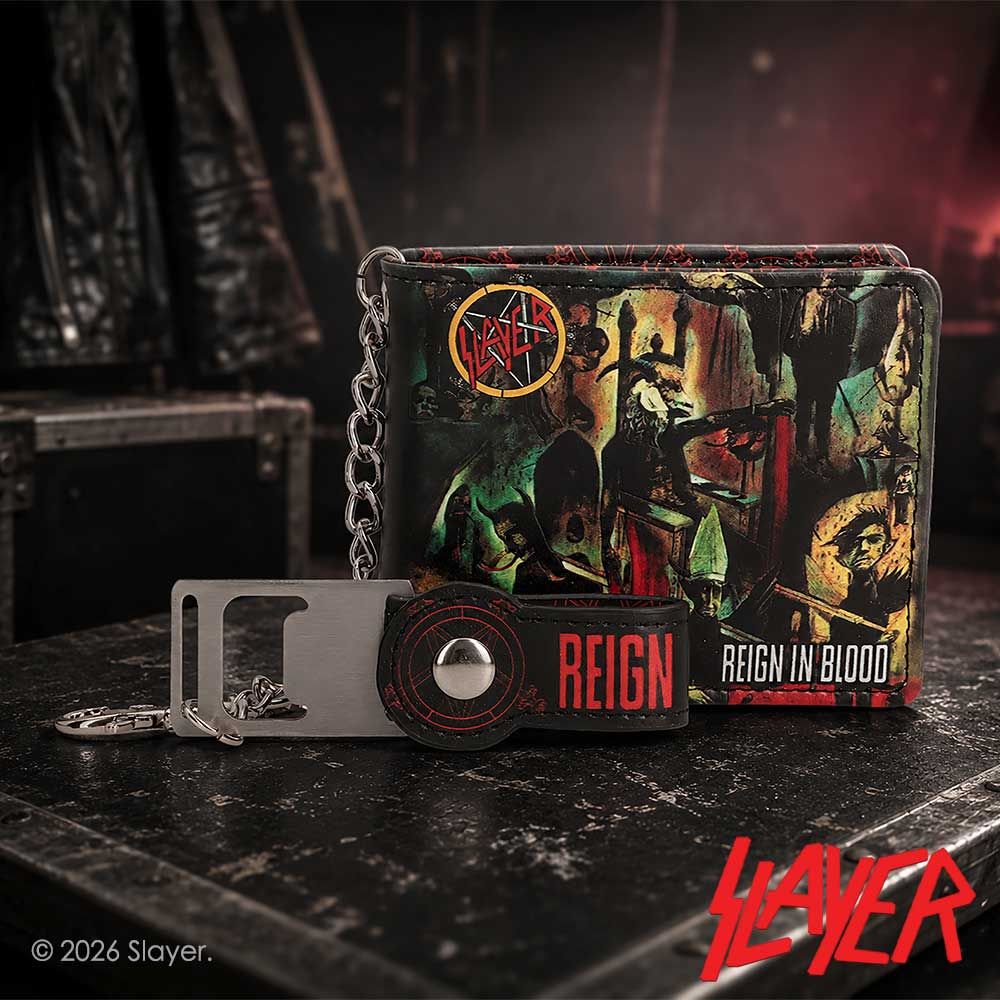 Slayer Reign in Blood wallet with chain and bottle opener displayed