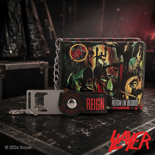 Slayer Reign in Blood wallet with chain and bottle opener displayed