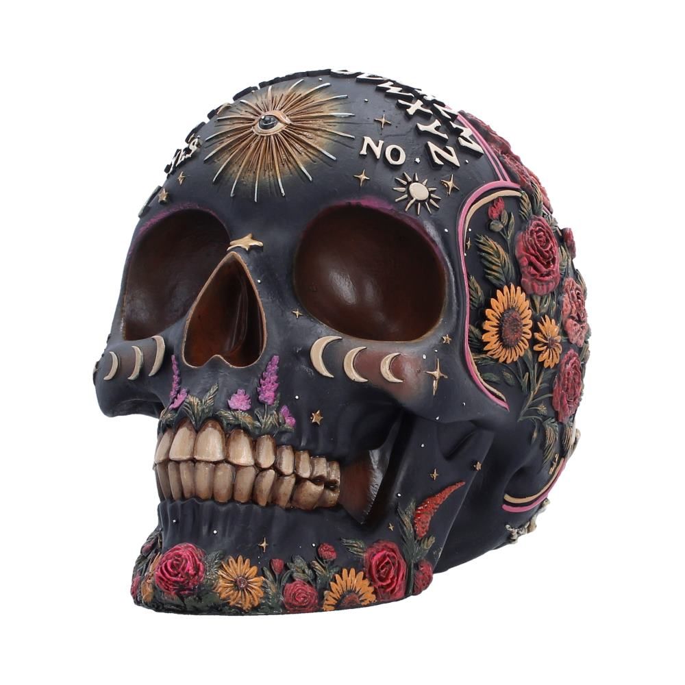 Side view of Spirit Board Bloom Skull showing painted flowers
