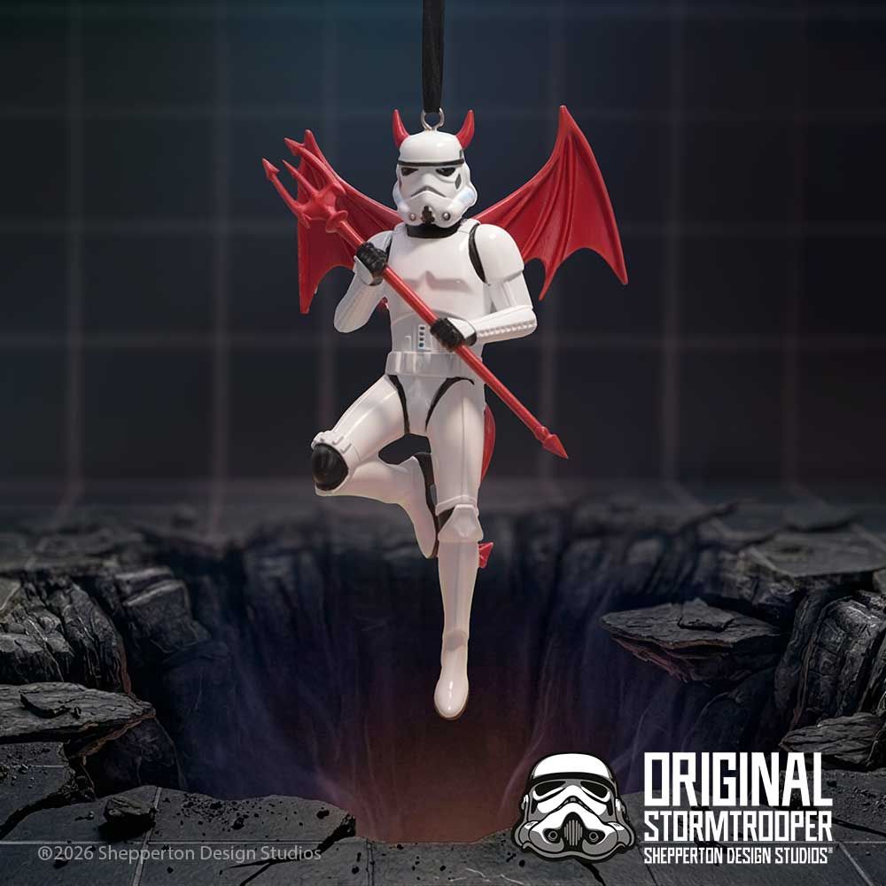 Original Stormtrooper devil hanging ornament displayed above rocky ground