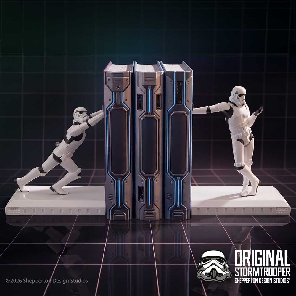 Original Stormtrooper Working Hard Hardly Working bookends holding books