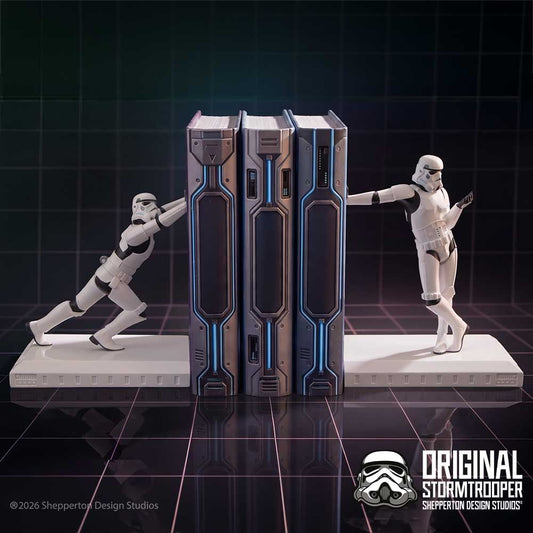 Original Stormtrooper Working Hard Hardly Working bookends holding books