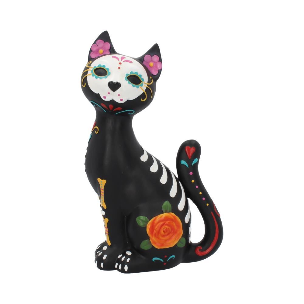 Front view of Sugar Kitty cat figurine with colourful sugar skull face