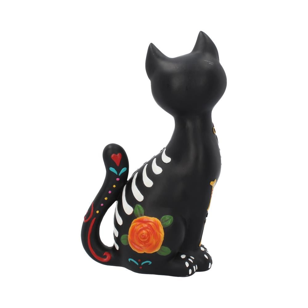 Rear angled view of Sugar Kitty cat ornament with floral decorations