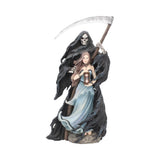 Statue of a woman in a flowing dress being held by a Grim Reaper on a white background
