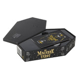 Black tarot card set in a coffin box with 'The Macabre Tarot' text on a white background