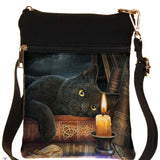 Black cat bag with a design of a cat by a candle on a book