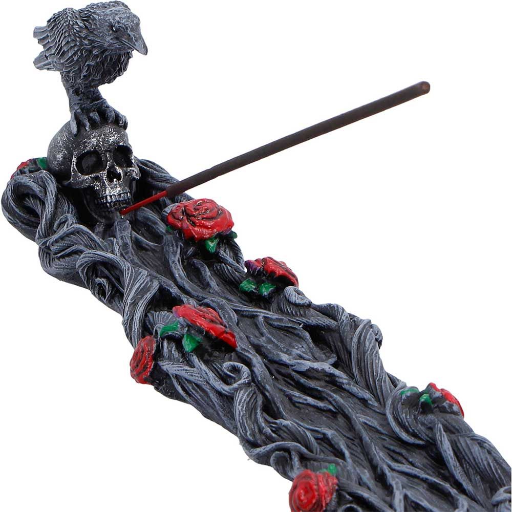 Gothic raven incense holder with red roses and skull
