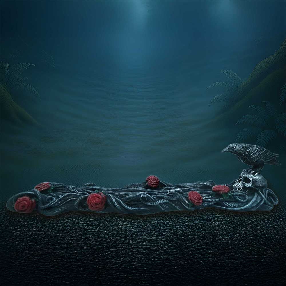 Twilight Bloom gothic incense holder with raven and roses
