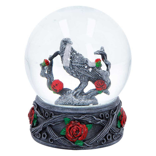 Twilight Bloom gothic raven and red roses snow globe