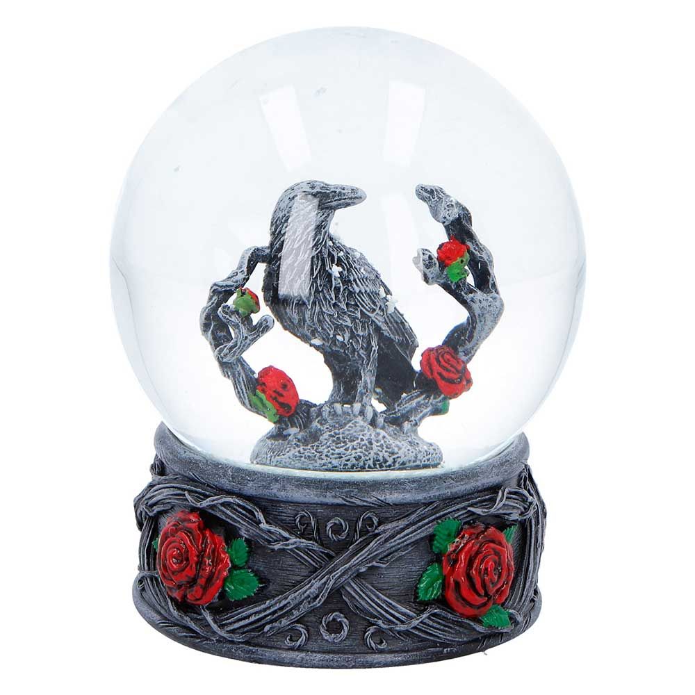 Twilight Bloom raven and red roses snow globe