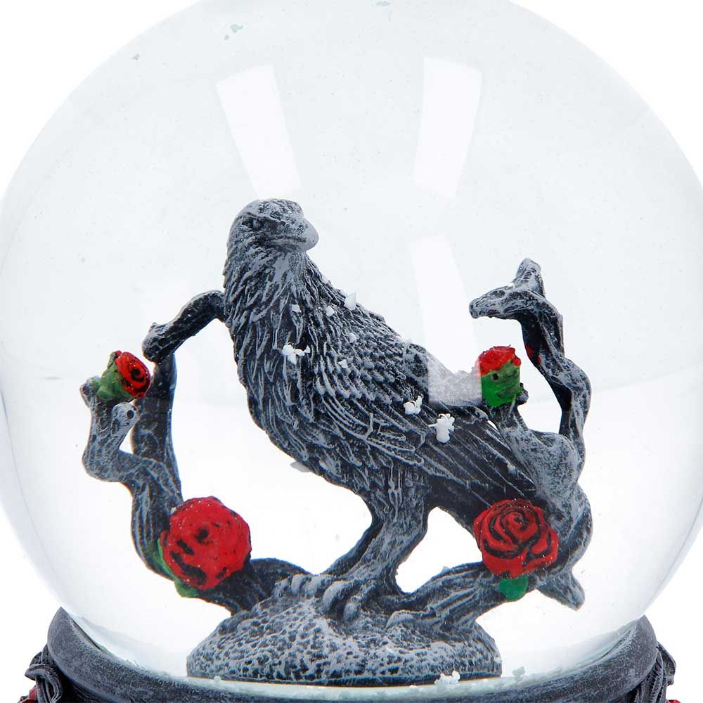 Twilight Bloom gothic raven and red roses snow globe close up