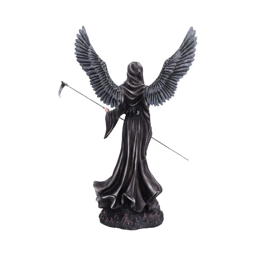 Unforgiving Black Angel gothic figurine with wings and scythe rear view