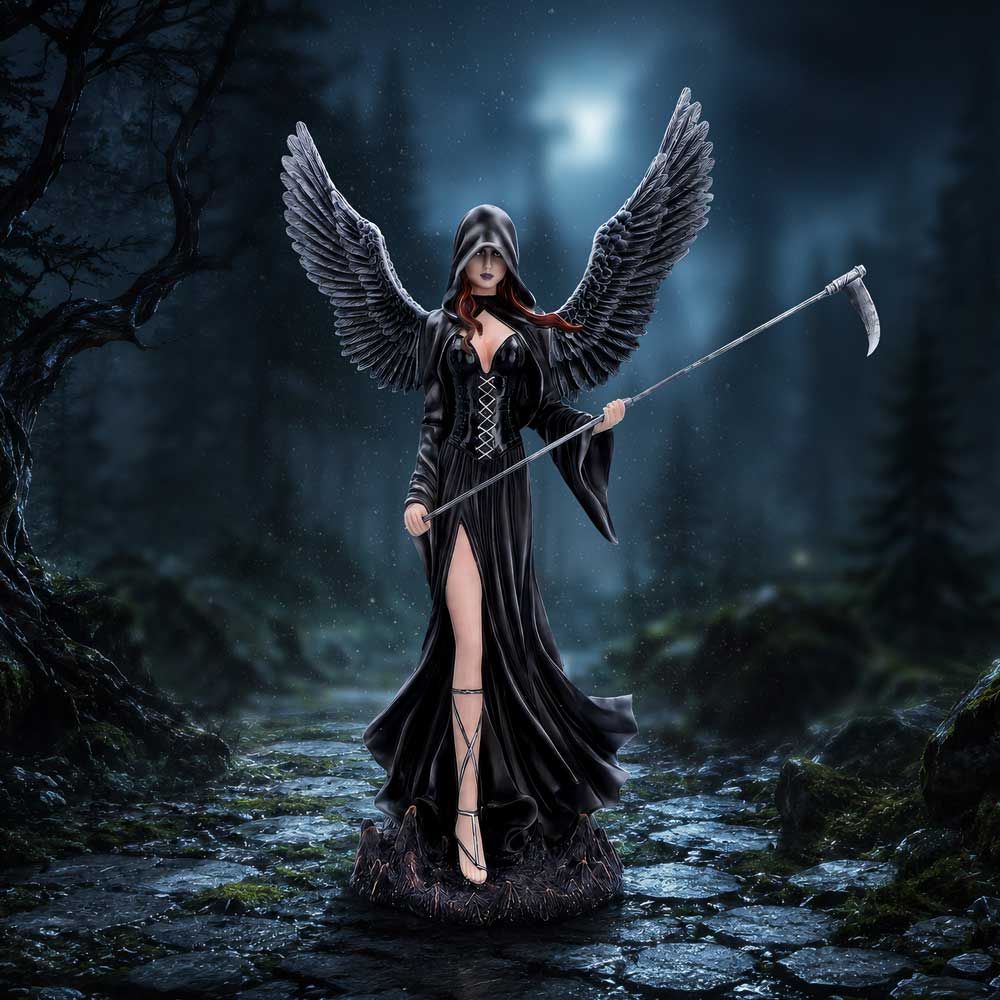 Unforgiving Black Angel gothic figurine with wings and scythe on display