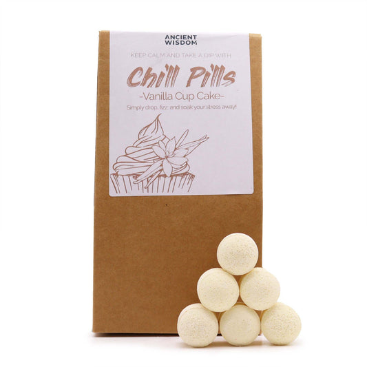 Pack of 'Chill Pills Vanilla Cup Cake' with white pills on a white background