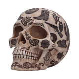 Side view of western skull ornament with detailed artwork
