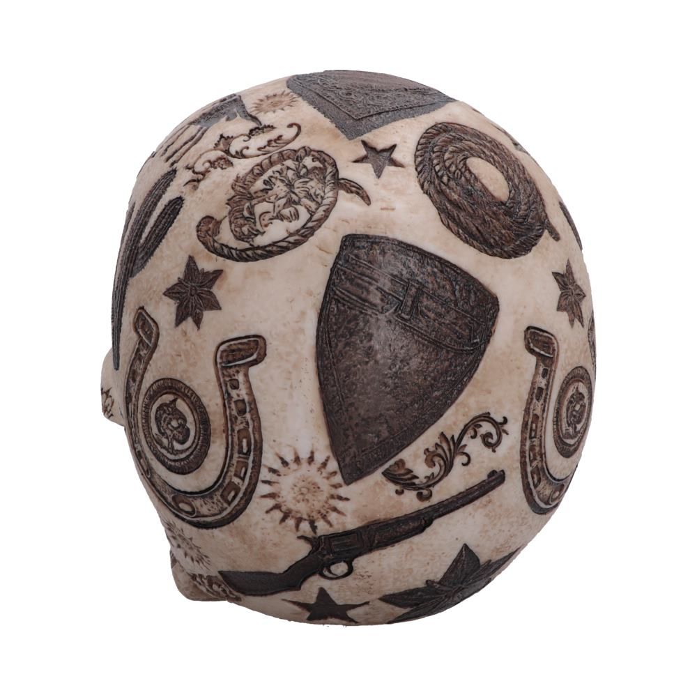 Rear view of Wild West skull showing cowboy hat and horseshoe motifs