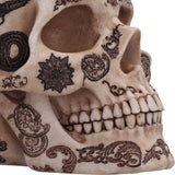 Close-up of western motifs painted across the skull