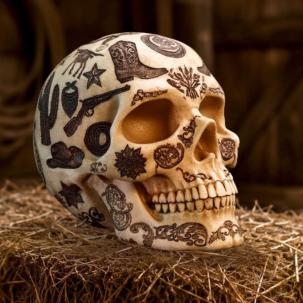 Wild West Lone Ranger skull displayed on a rustic surface