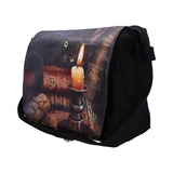 Black bag with a fantasy design featuring a cat, candle, and books on a white background