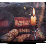 Black cat with a candle and books on a dark background
