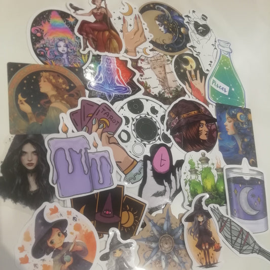 Assorted bundle of 25 witchy stickers with potions and moons