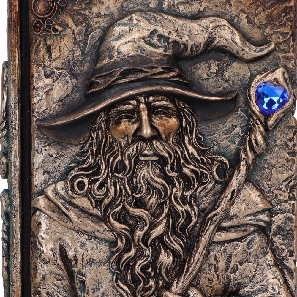 Wizard's Grimoire fantasy spellbook journal with resin wizard cover and blur stone