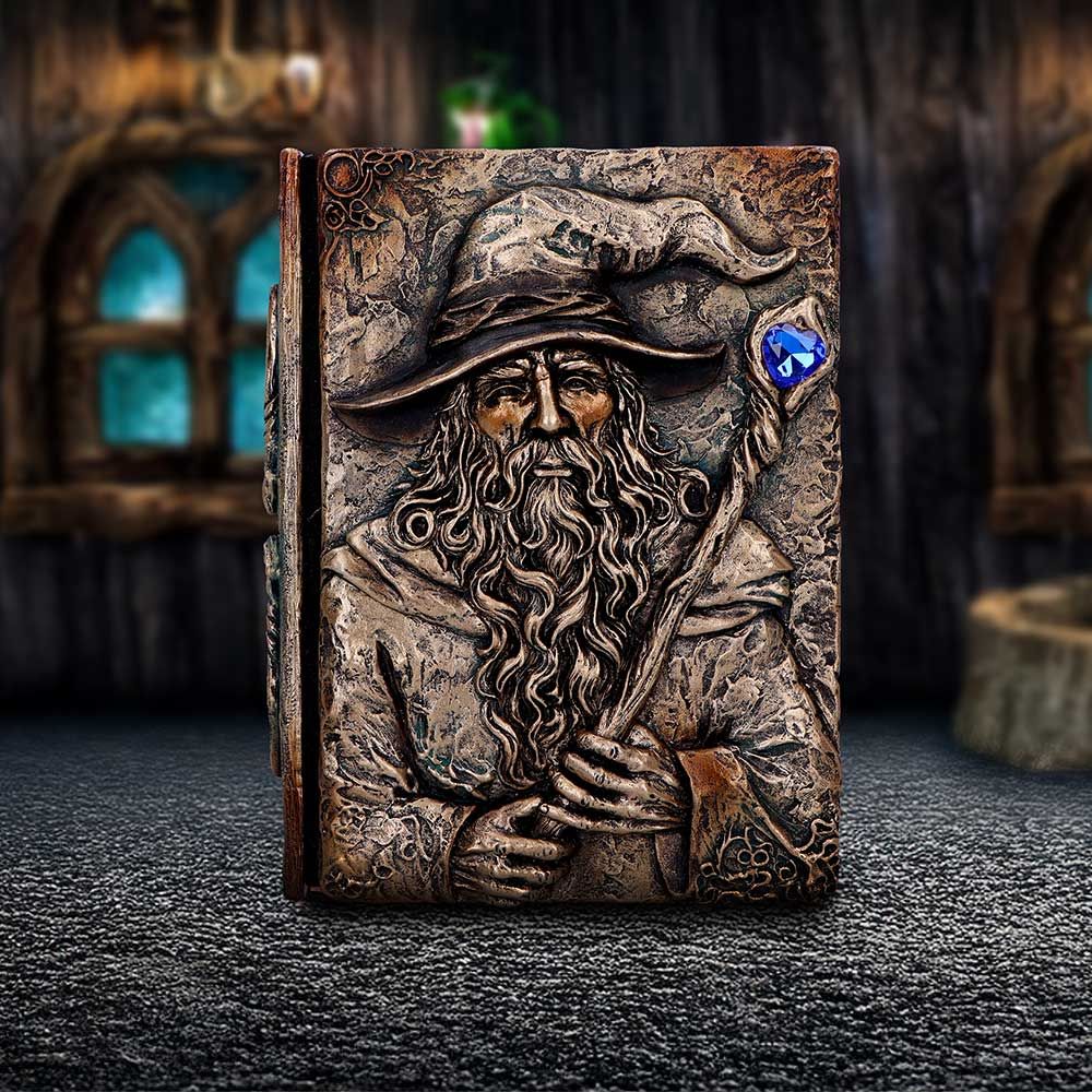 Wizard's Grimoire fantasy journal with resin wizard cover