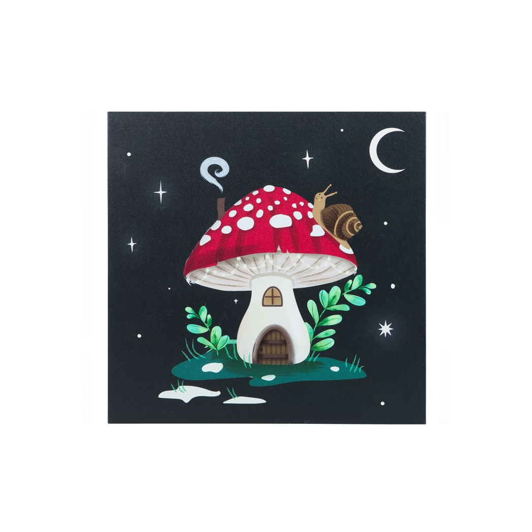 Mushroom house and snail woodland canvas wall art