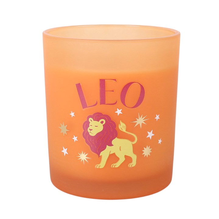 Front view of Leo candle featuring lion and celestial design