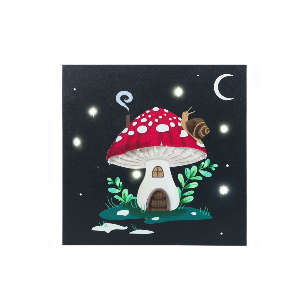 Light-up mushroom house canvas wall plaque with LED stars
