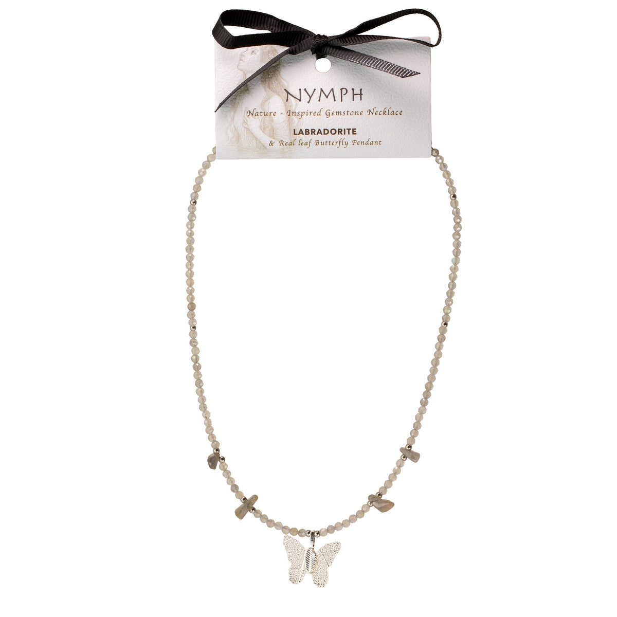 Labradorite butterfly pendant necklace presented on Nymph display card