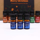 Set of Christmas-themed fragrance oil bottles with labels on a white background.
