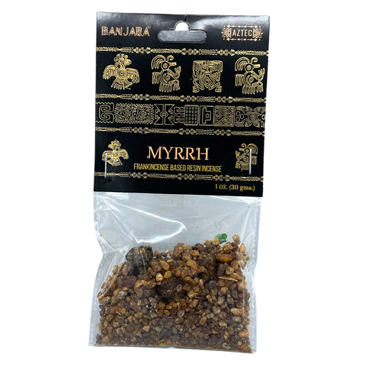 Packaged myrrh resin with Banjara branding on a white background