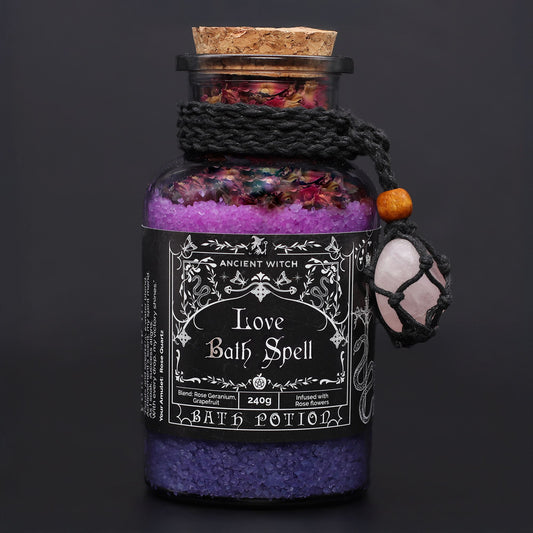 Ancient Witch Love Bath Spell Potion with Rose Quartz crystal amulet