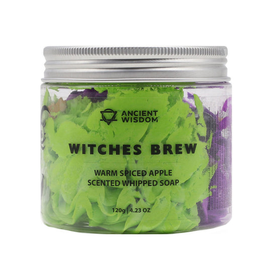 Witches Brew Whipped Soap 120g by Ancient Wisdom in a green and purple jar