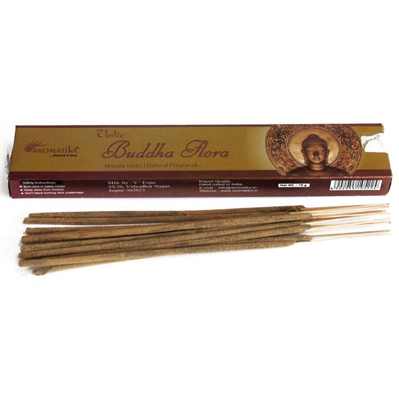 Incense sticks with their packaging featuring a Buddha illustration on a white background