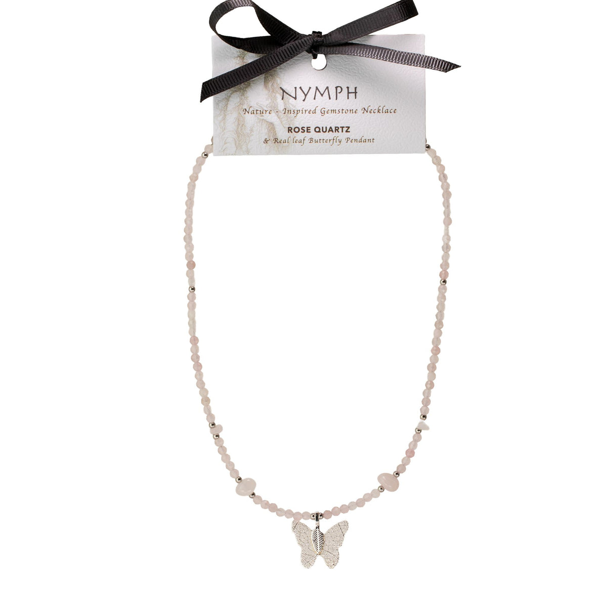 Nymph Rose Quartz necklace displayed on branded presentation card
