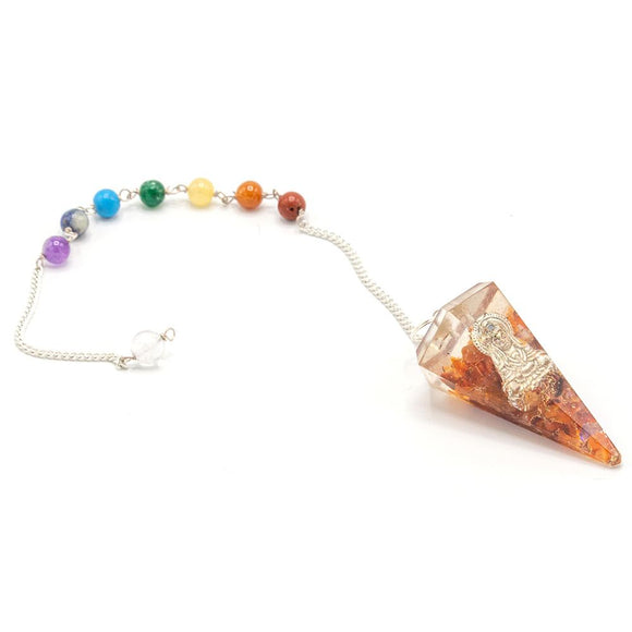 Crystal pendulum with colorful beads on a white background
