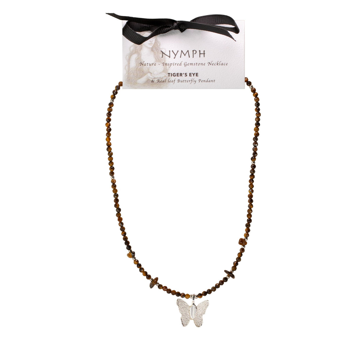 Nymph Tiger's Eye necklace displayed on branded presentation card
