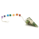 Crystal pendulum with colorful beads on a white background