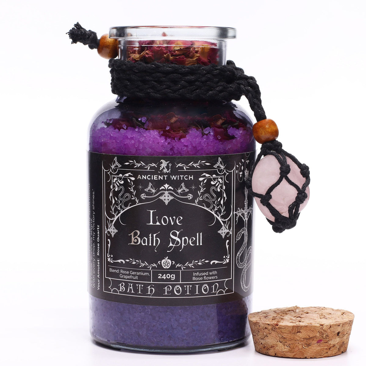 Ancient Witch Love Bath Spell Potion bottle and Rose Quartz amulet