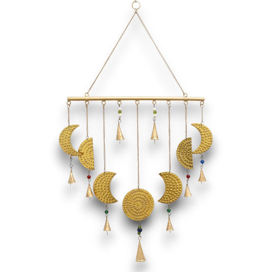 Brass Moon Phases wind chime with crescent moons and hanging bells
