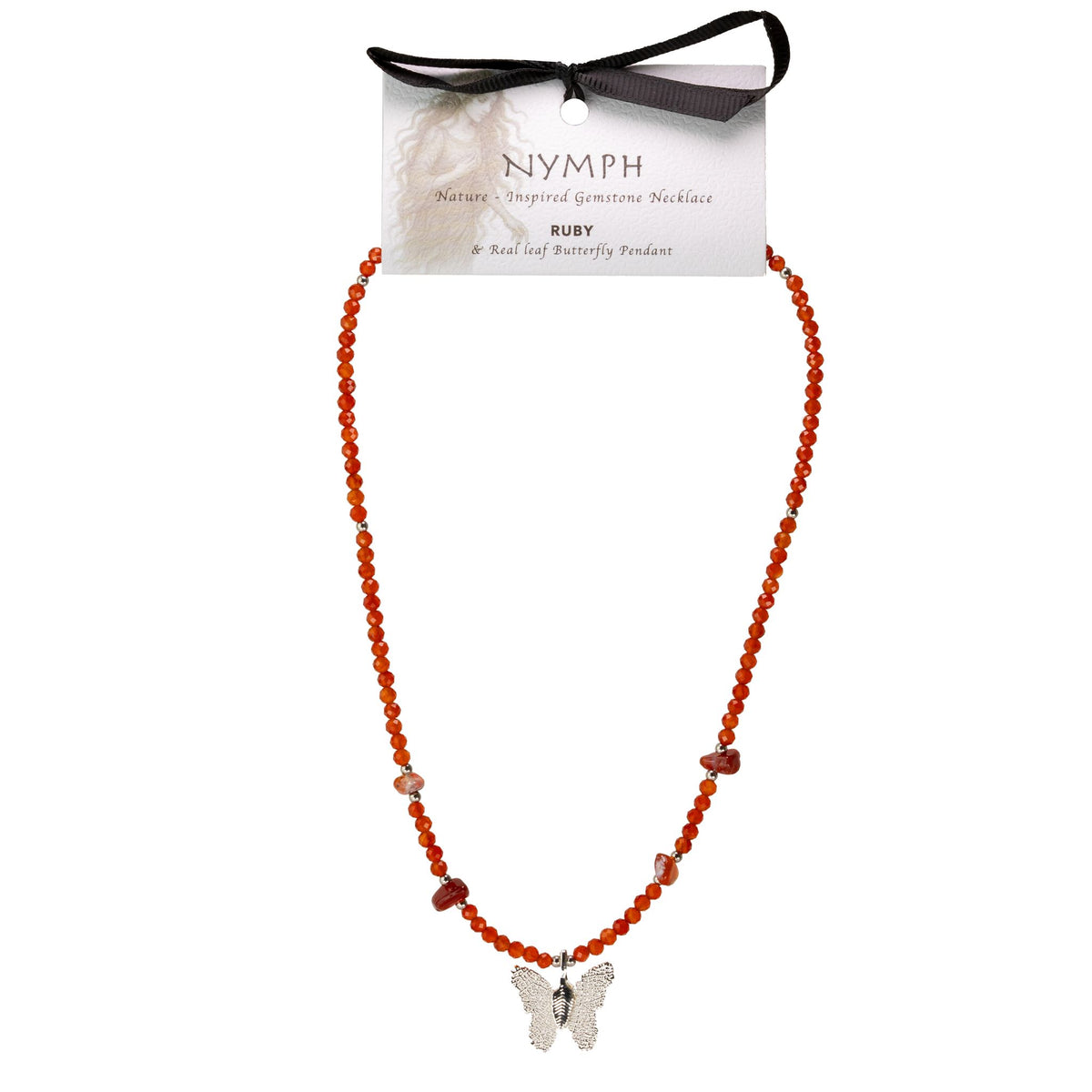 Nymph Ruby butterfly necklace displayed on branded presentation card