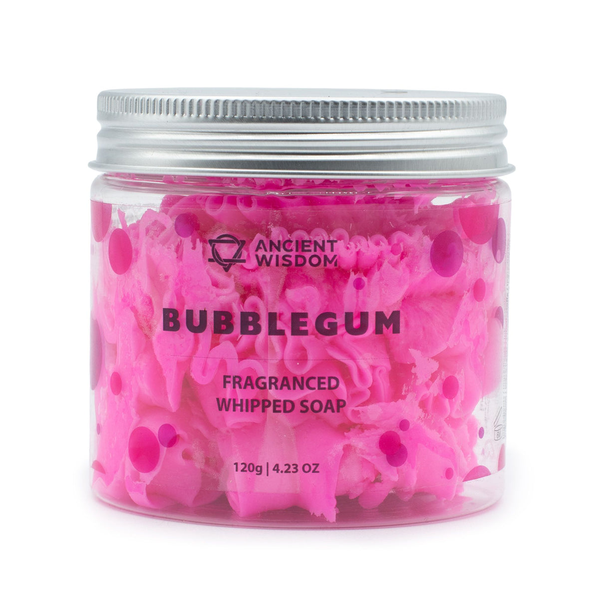 Bubblegum Whipped Soap 120g by Ancient Wisdom in a clear jar
